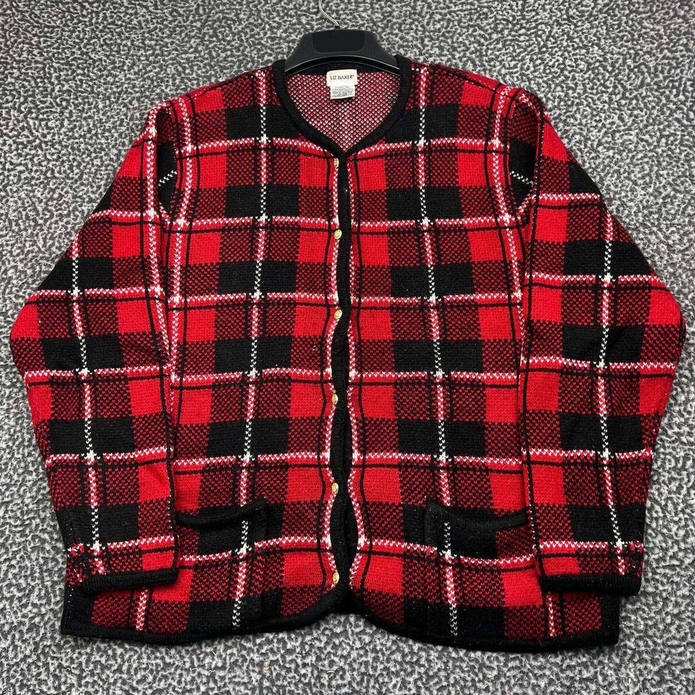 Liz Baker Cardigan Sweater Women XL Tall Red Black Plaid Button Front